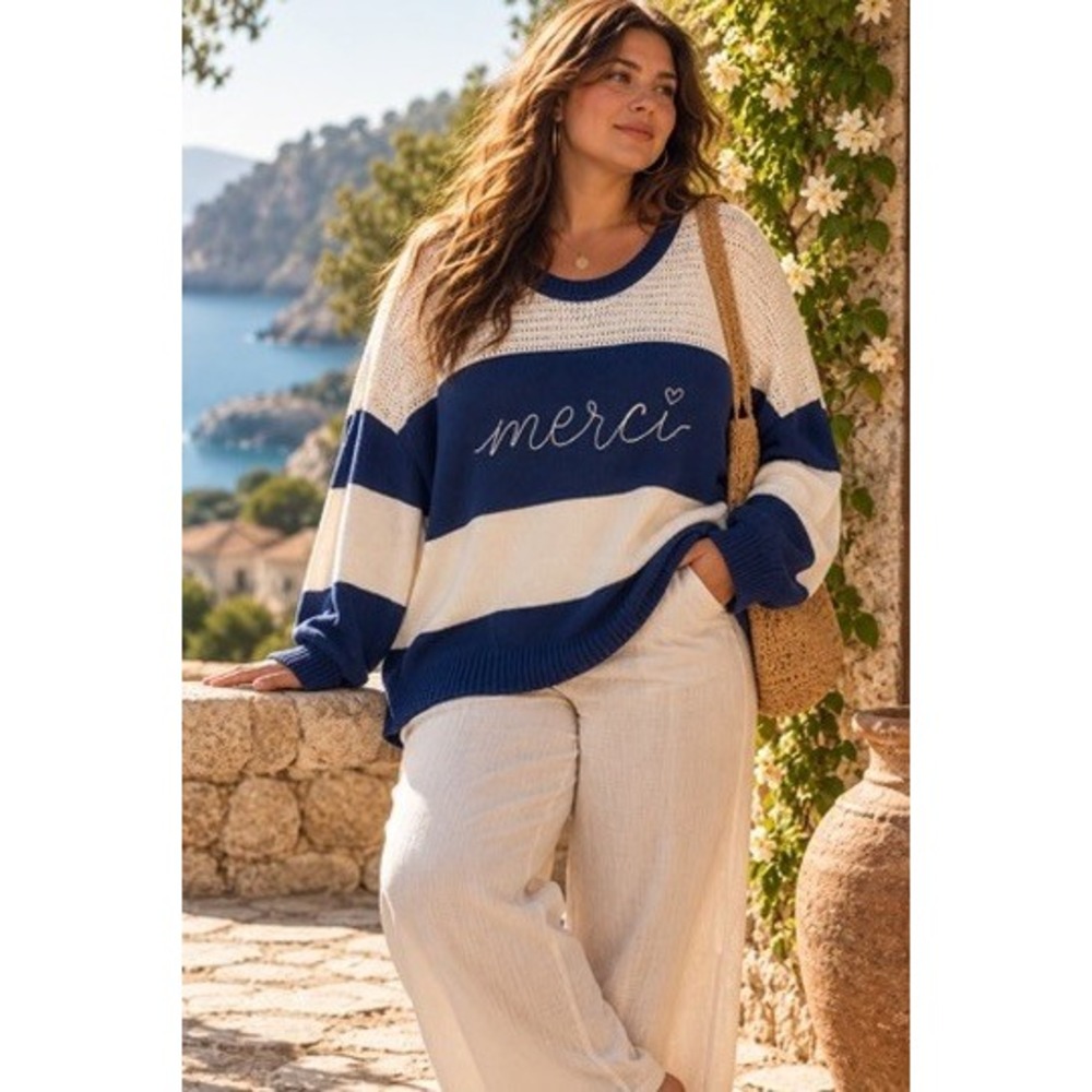 Torrid Womens Plus 3 Merci Striped Pointelle Knit Pullover Sweater Blue White